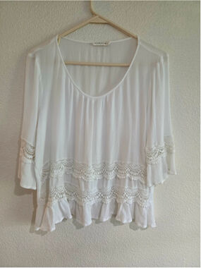 Miss Love Women’s L White Boho Crochet Lace Trim Blouse
